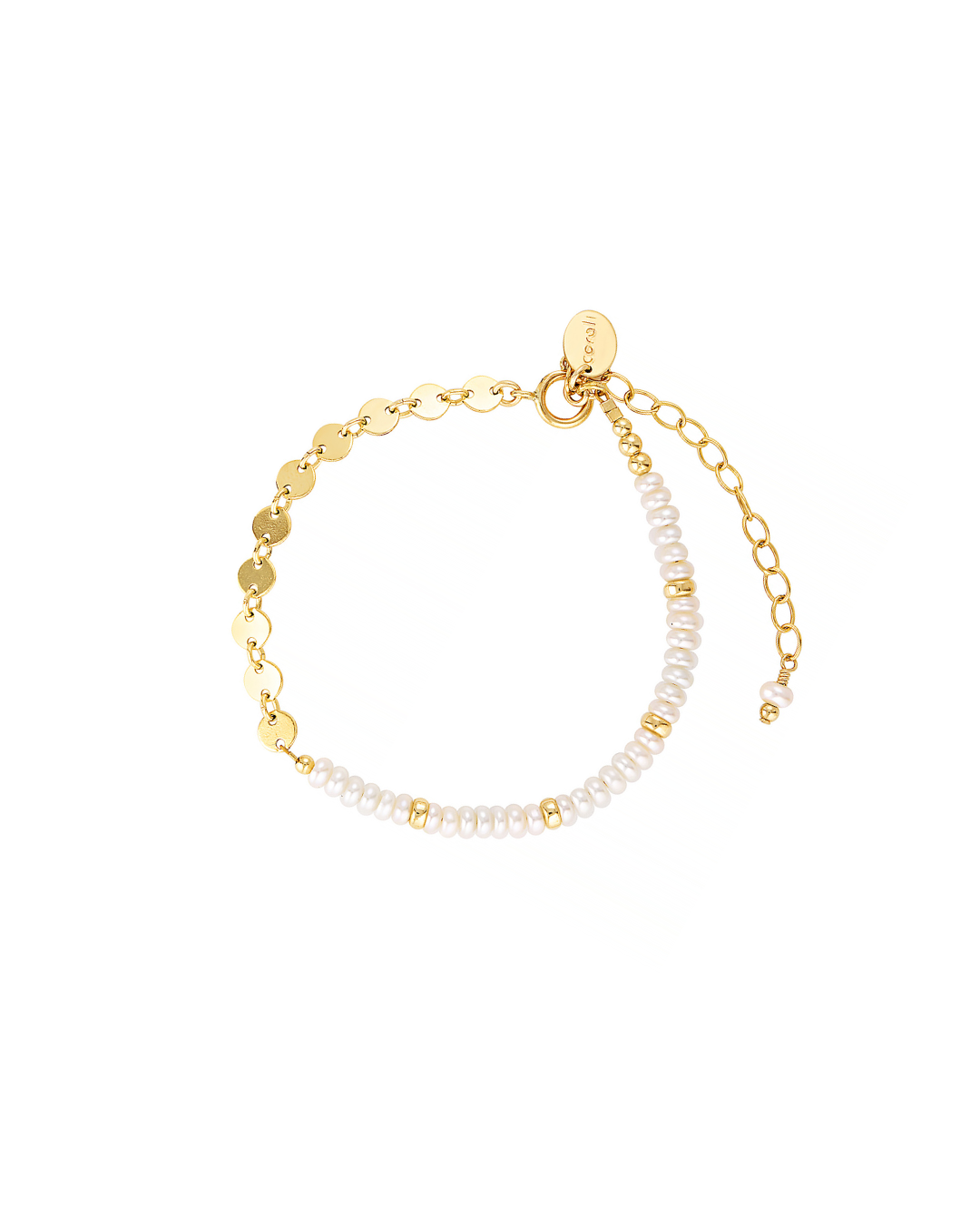 Gold and pearl bracelet on a white background