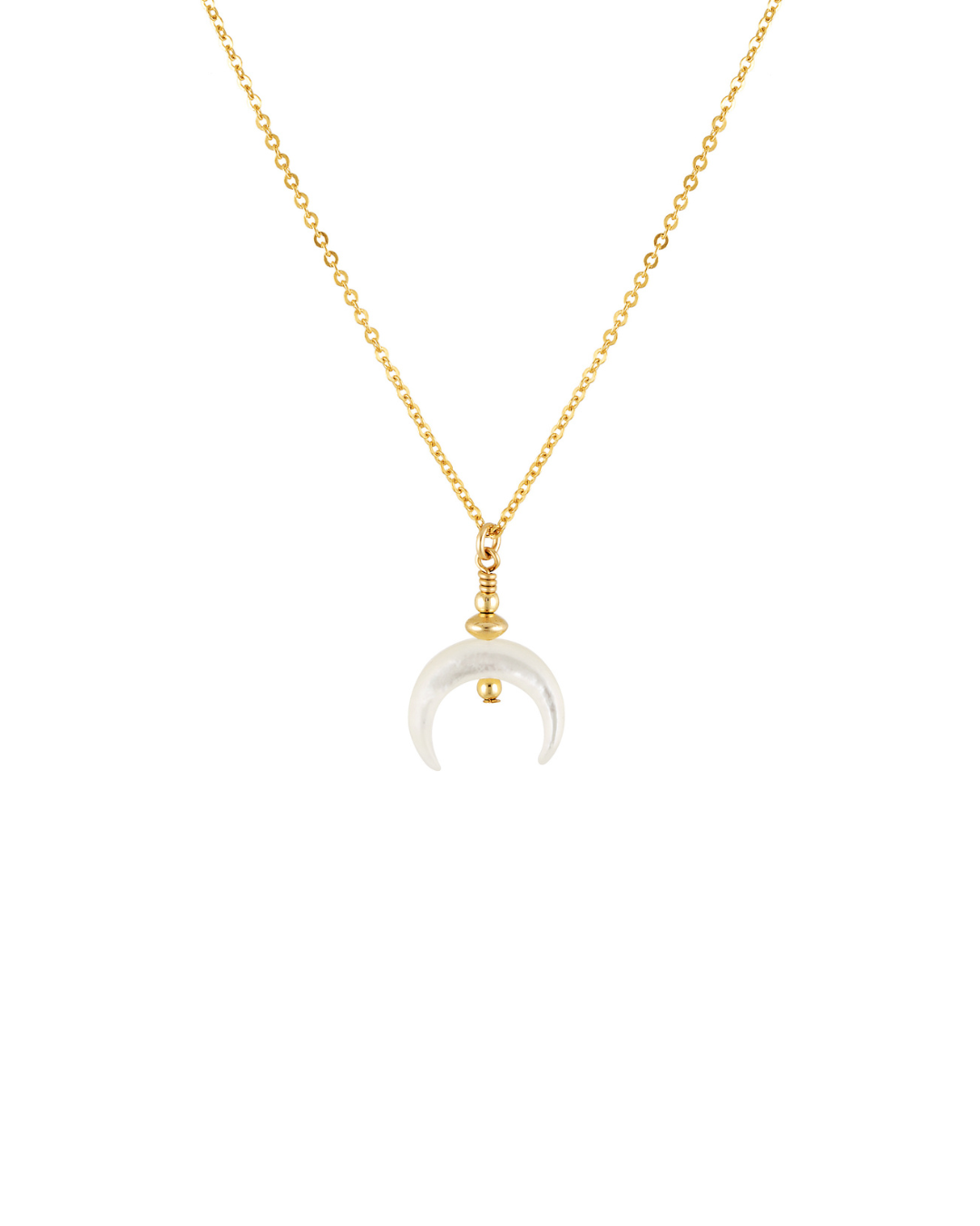 Gold necklace with a mother of pearl crescent moon pendant on a white background