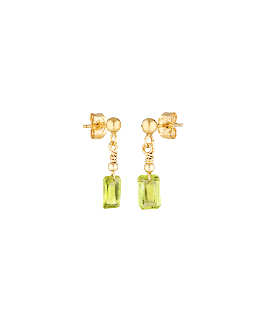 Gold earrings with green peridot gemstones on a white background