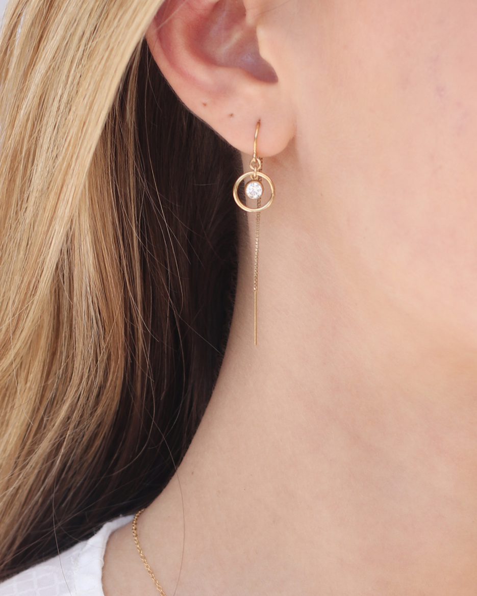 Close-up of an ear wearing a gold thread cubic zirconia earring