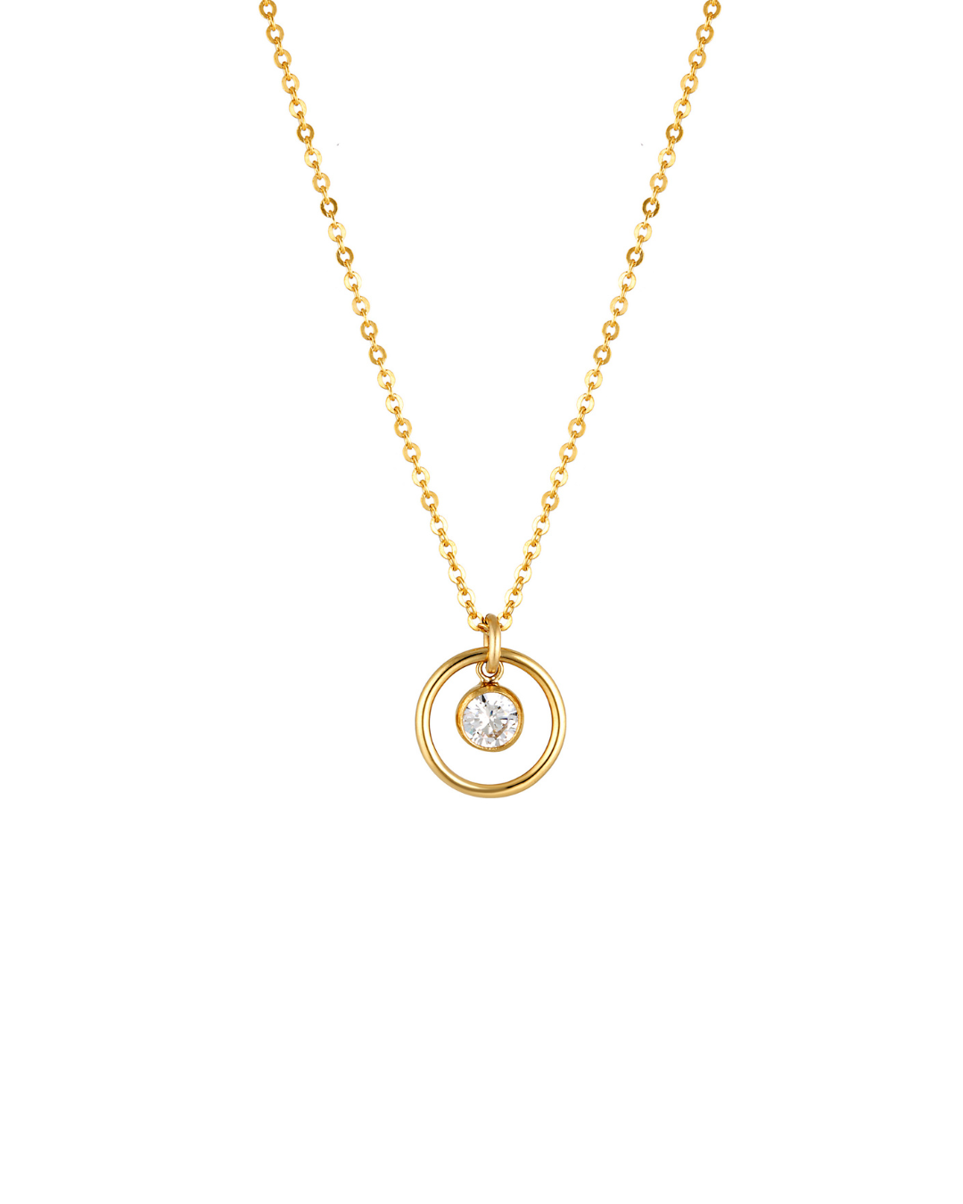 Gold necklace with a circular cubic zirconia pendant on a white background