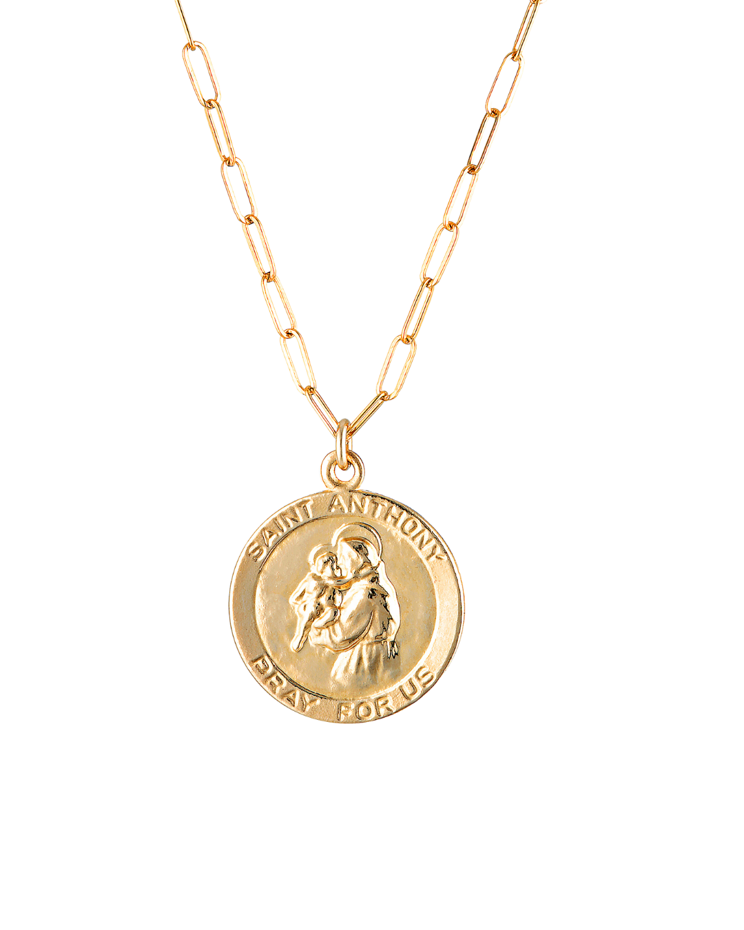 Gold necklace with a Saint Anthony pendant on a white background