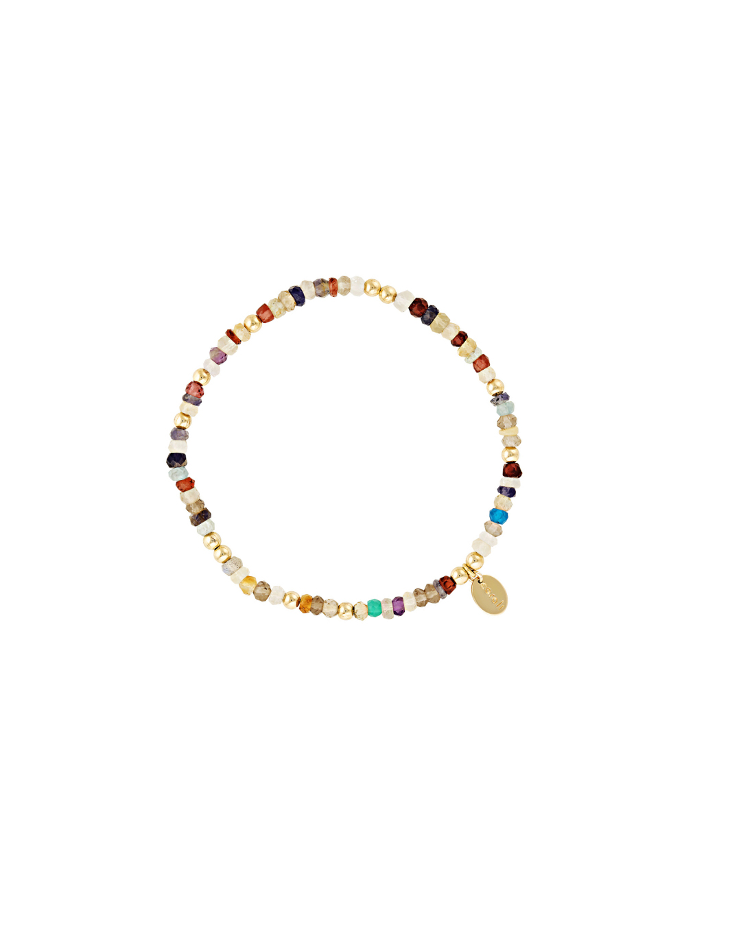 Multi gemstone gold beaded bracelet on a white background