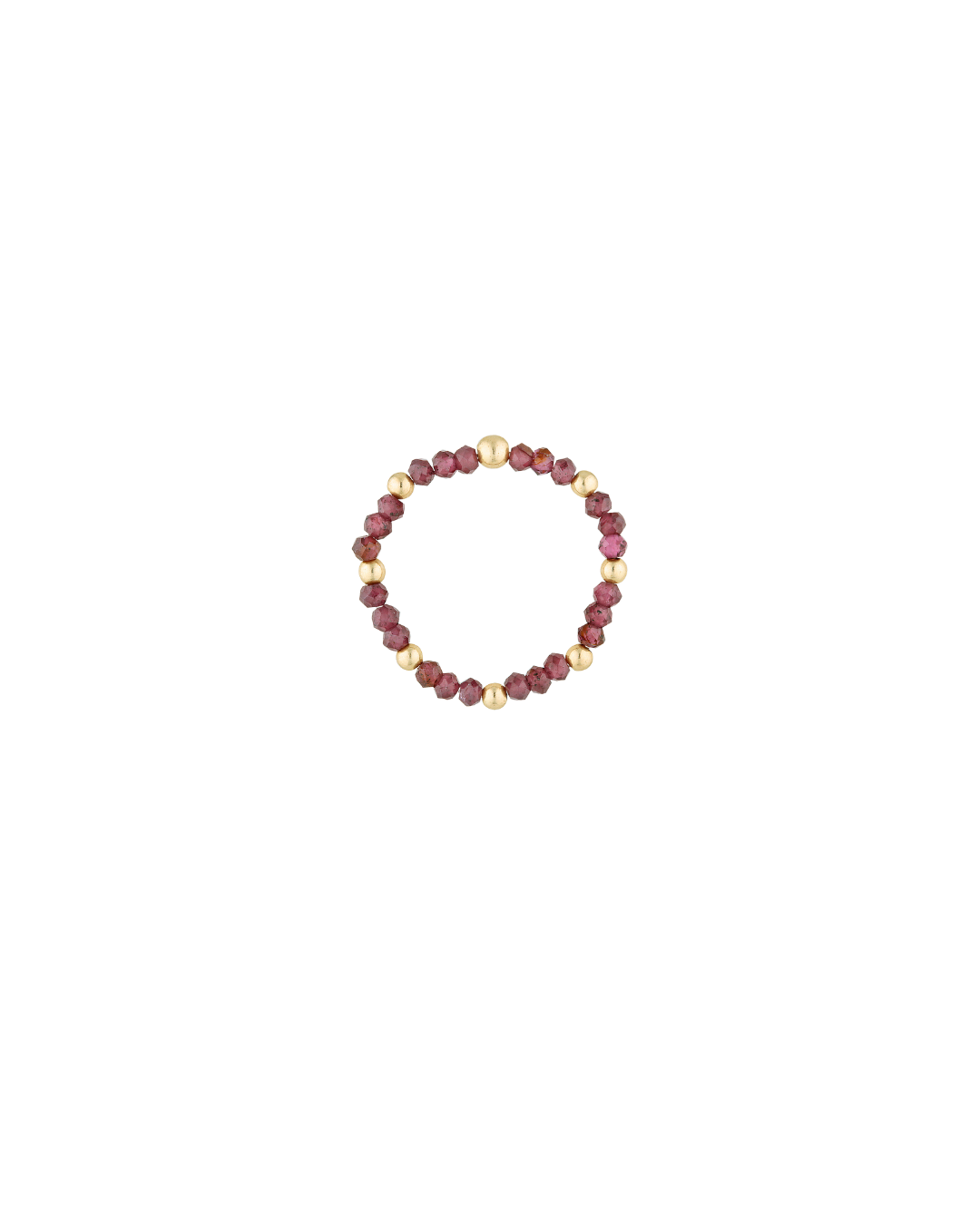 Gold beaded ring with garnet gemstones on a white background