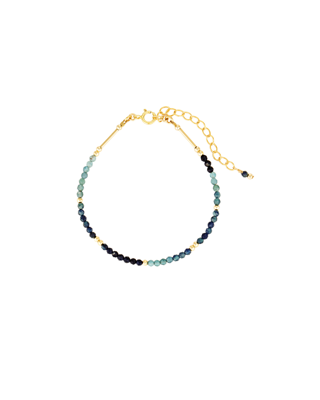 Teal tourmaline and gold beaded bracelet on a white background