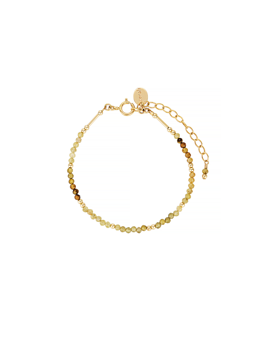Gold and tourmaline gemstone bracelet on a white background