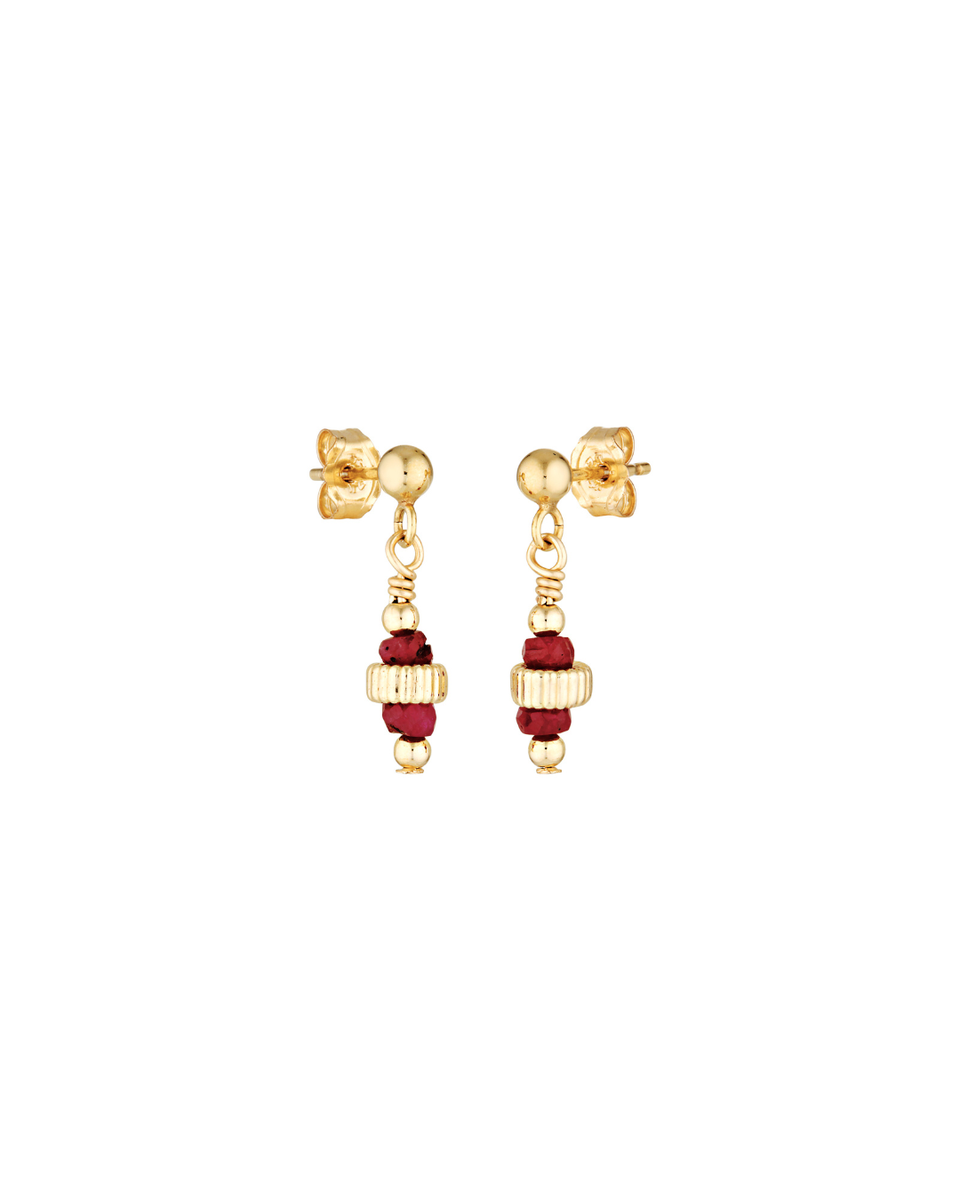 Gold and ruby gemstone earrings on a white background