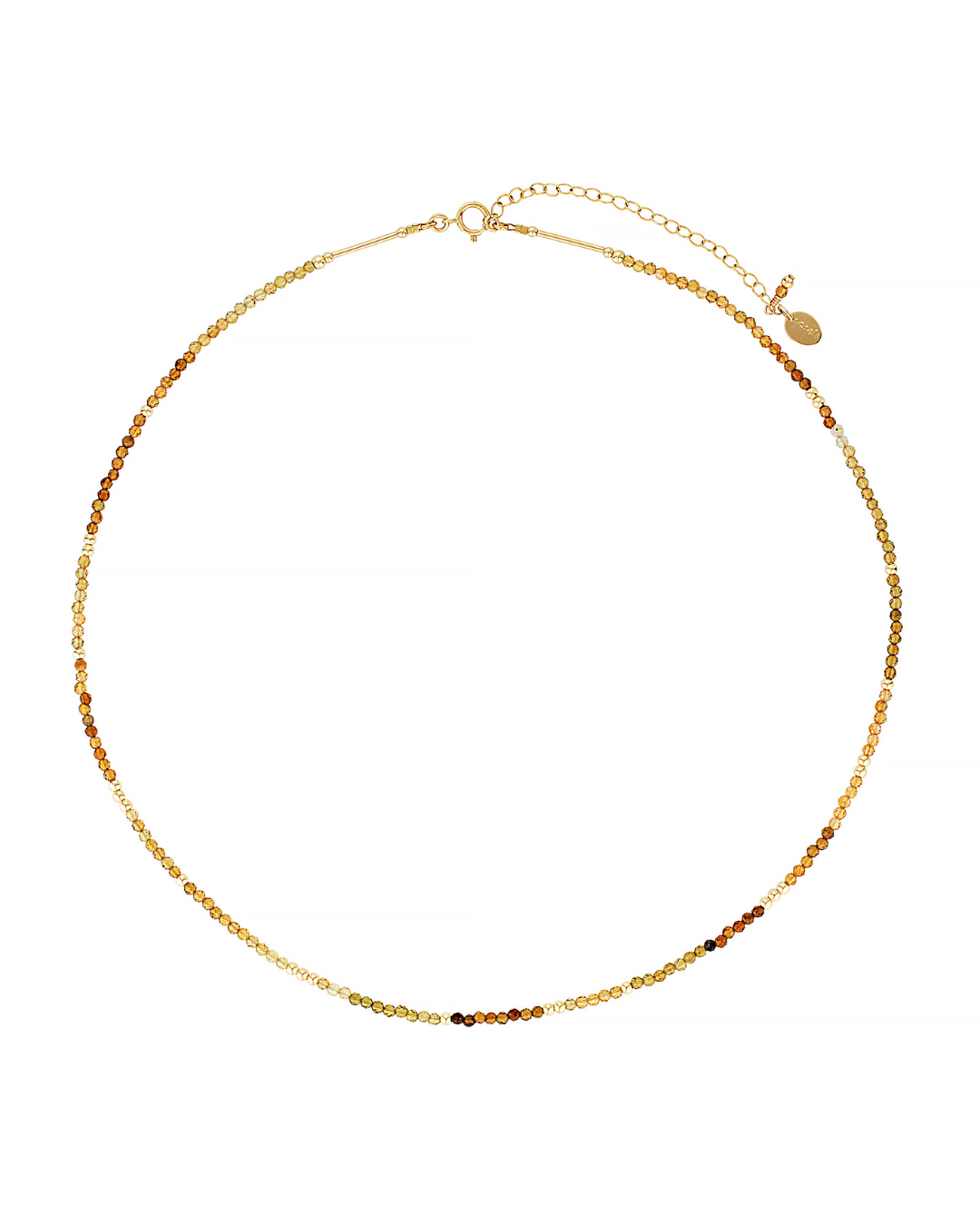 Tourmaline gemstone gold beaded necklace on a white background