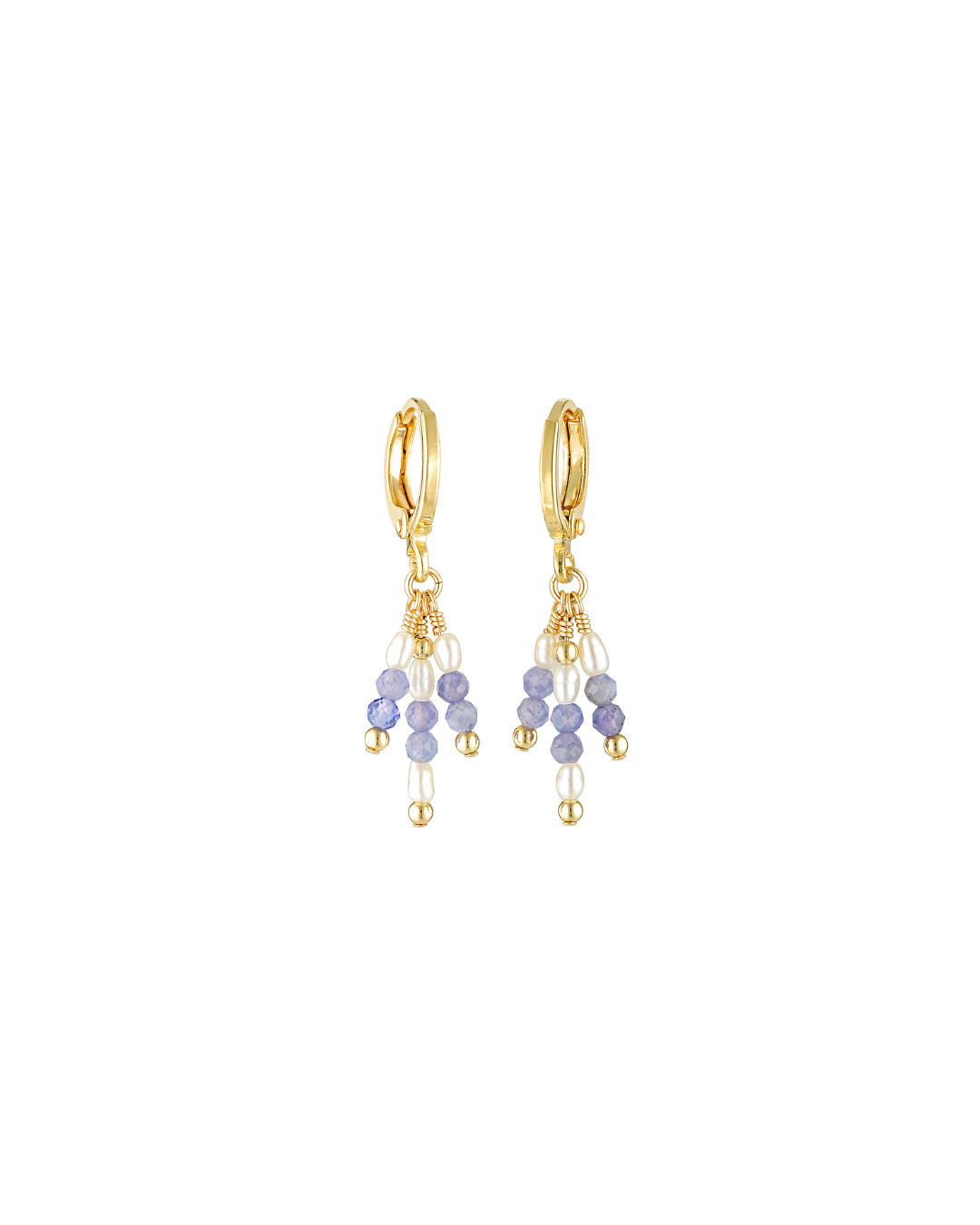 Gold hoop earrings with tanzanite gemstones and pearls on a white background