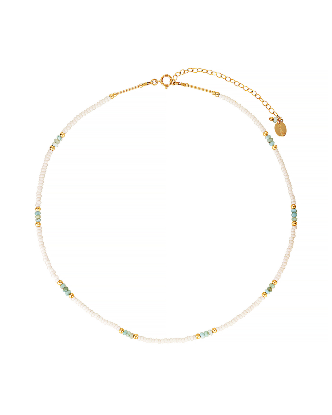 Delicate necklace with white glass and gold beads with larimar gemstones on a white background