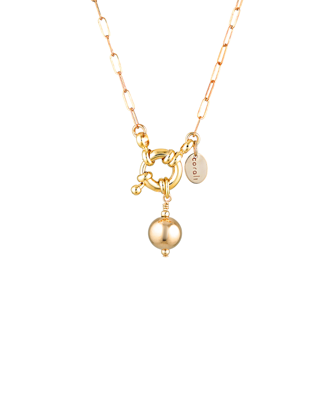 Gold necklace with sailor clasp and gold ball on a white background