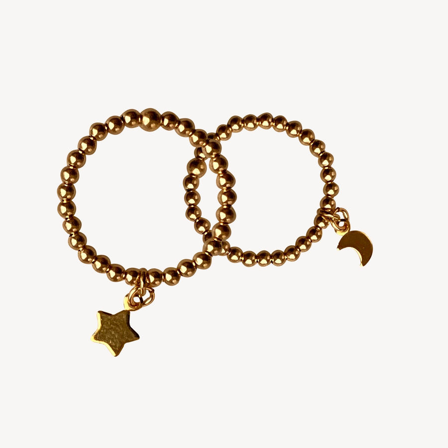 Gold Bead Ring ~ Moon and Star charm